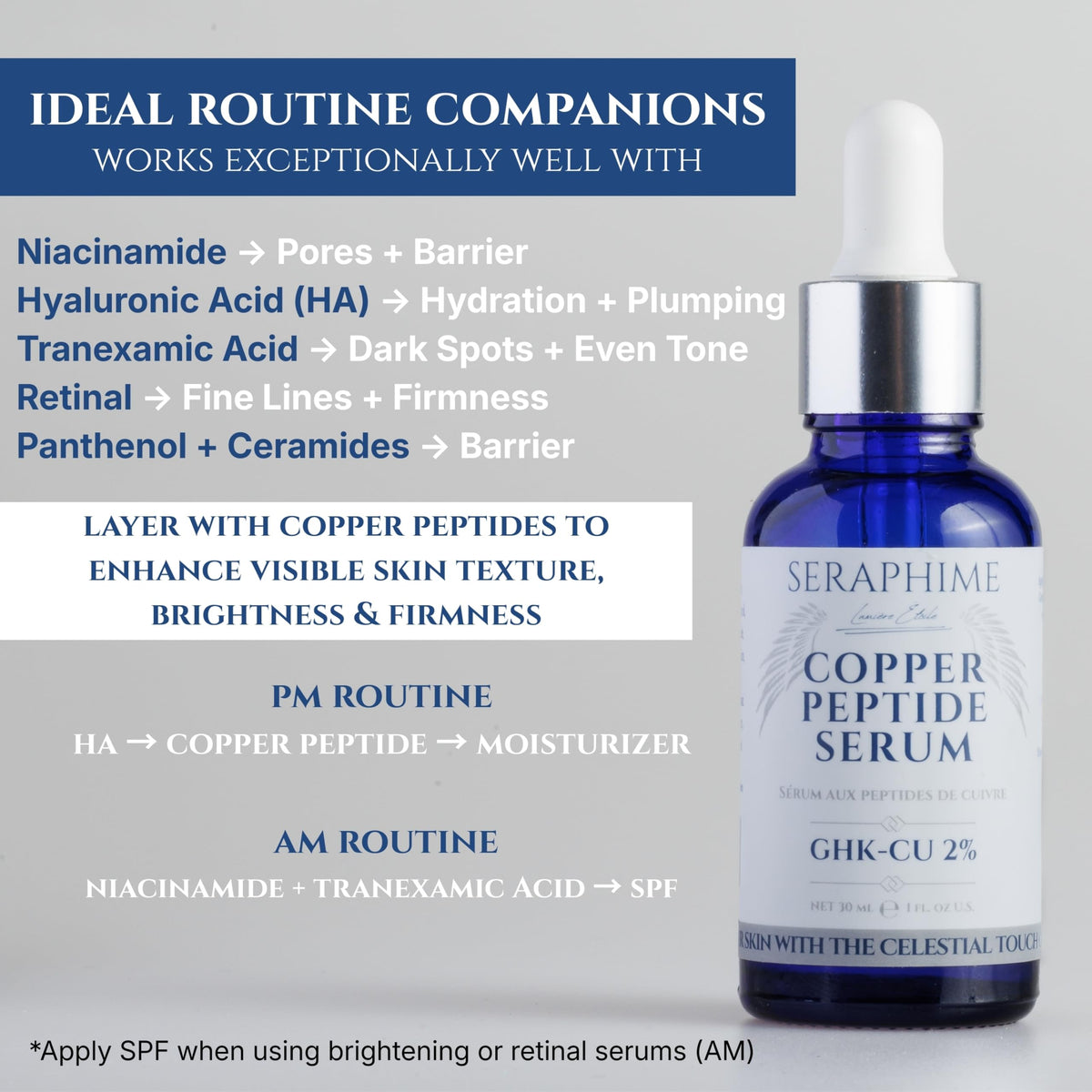 Seraphime bottle beside ruler showing 1 fl oz size and travel-friendly benefit