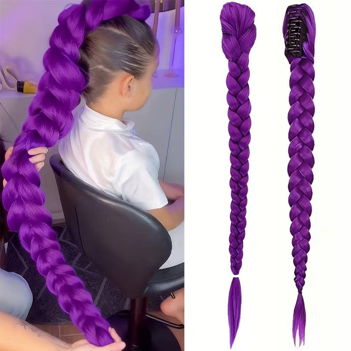 Serena Hair front view showing neon purple braided ponytail and packaging, vibrant accessory