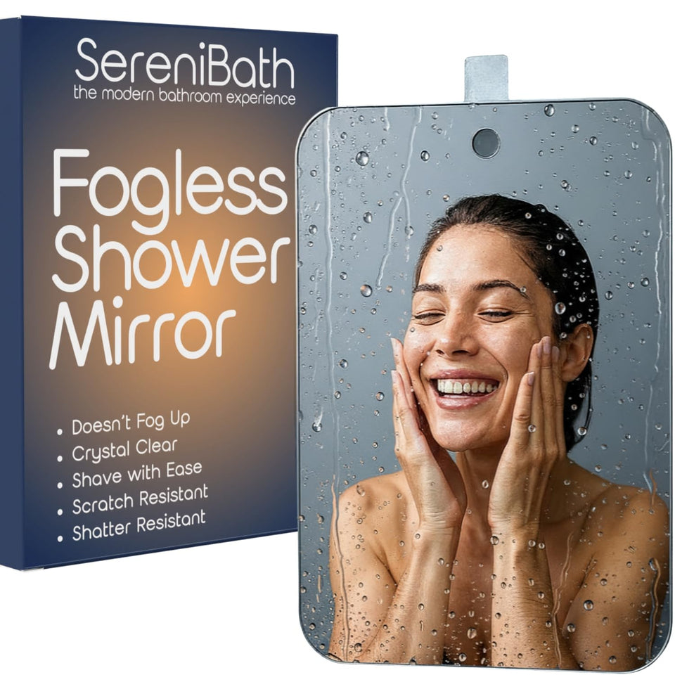 SereniBath front view showing fogless mirror and neat design benefit