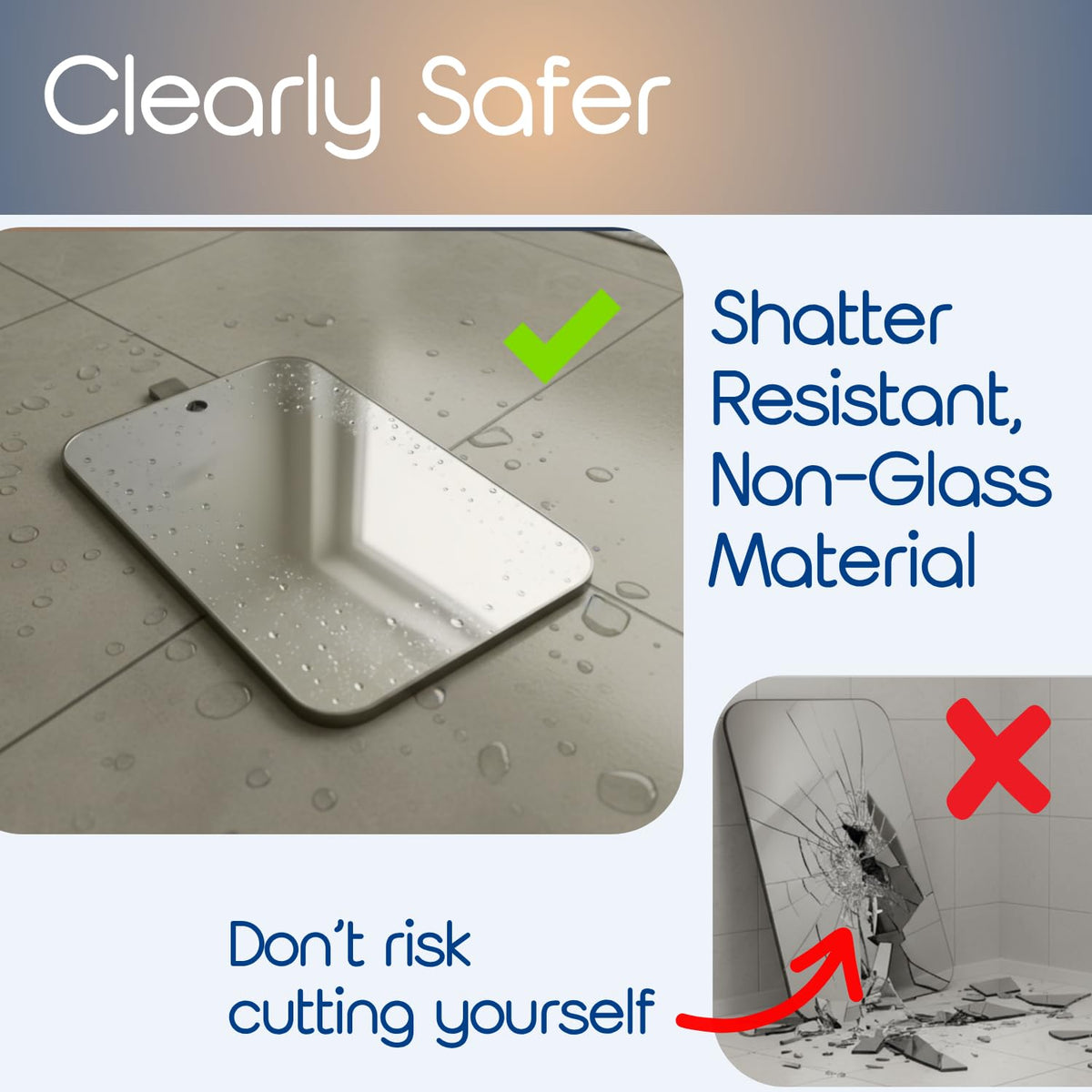 SereniBath mirror beside hand showing scale for compact, travel-friendly benefit
