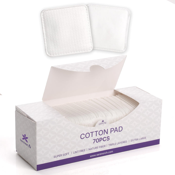 Serenorch front packaging showing 70 cotton pads and dust-proof box, clean storage benefit