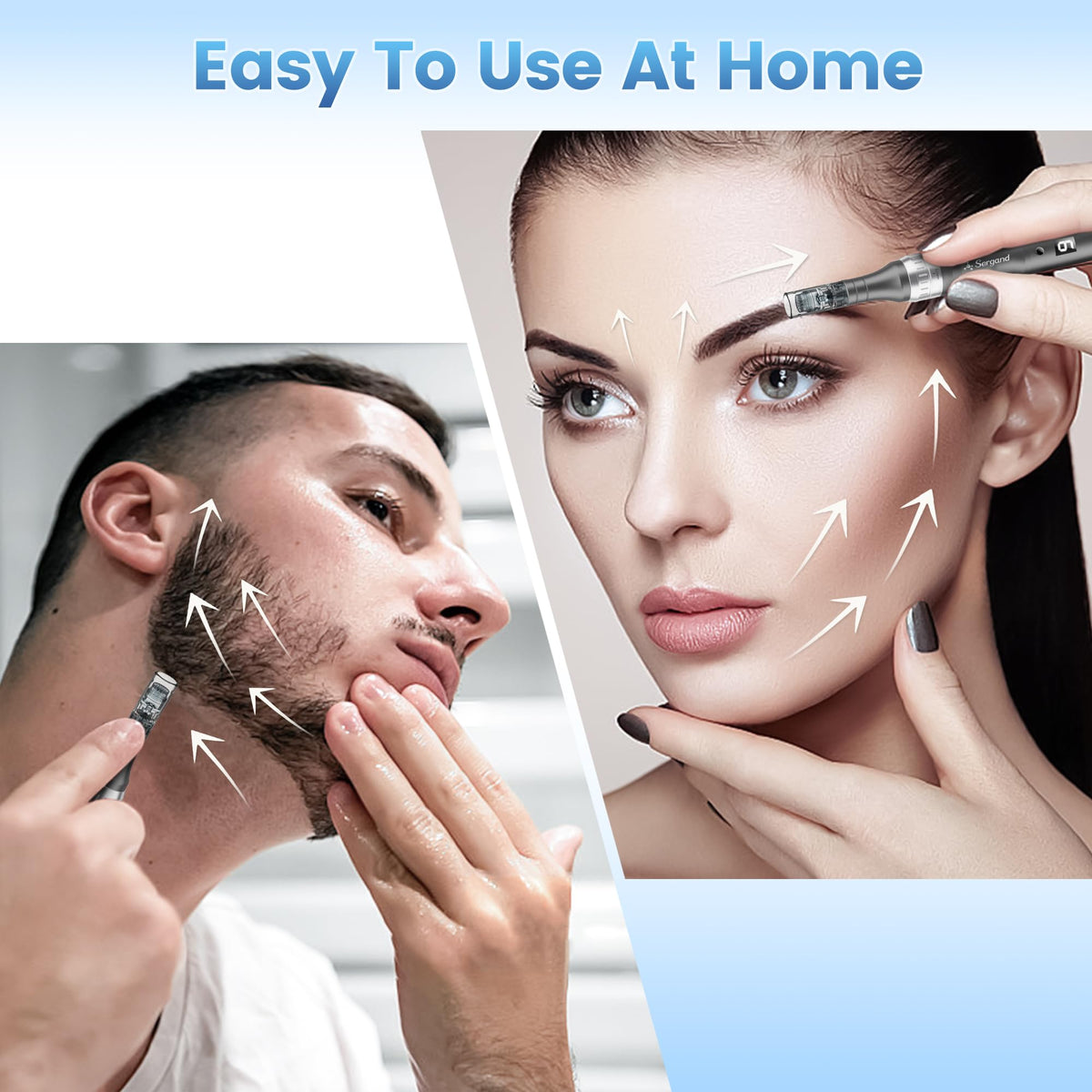Sergand pen gently used on cheek demonstrating easy at-home application benefits
