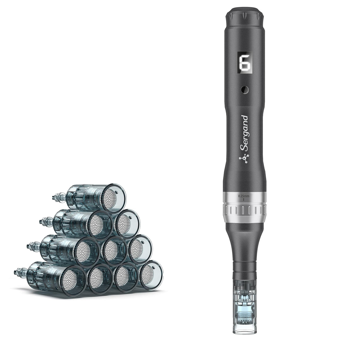 Sergand derma roller pen front view showing compact travel-ready design and portability