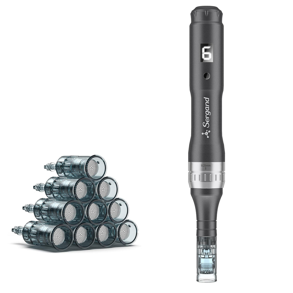Sergand derma roller pen front view showing compact travel-ready design and portability