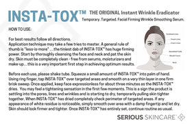 Serious Skincare INSTA-TOX label close-up listing sodium hyaluronate and retinyl palmitate benefits