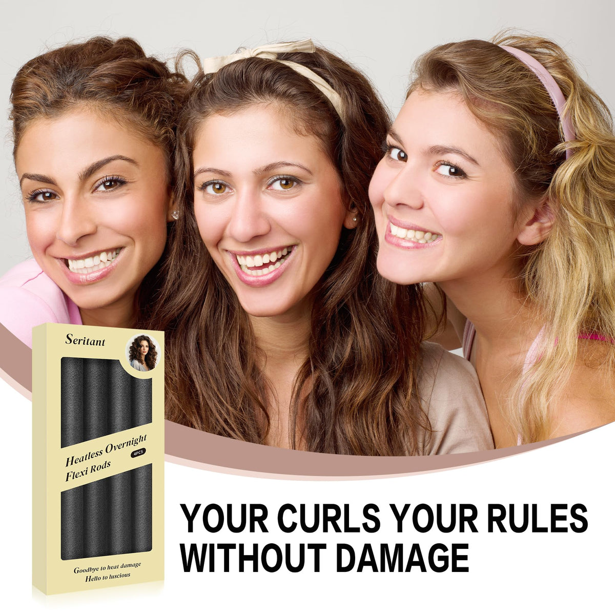 Seritant finished curls lifestyle image showing voluminous, heat-free results