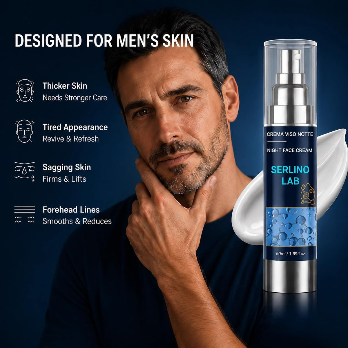 Man using Serlino Lab at night routine showing refreshed morning skin