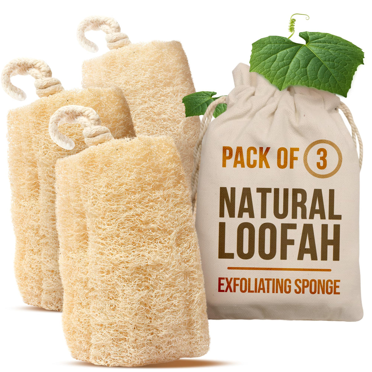 SERRENTO front-packaging view showing three tan loofahs and sustainable benefit