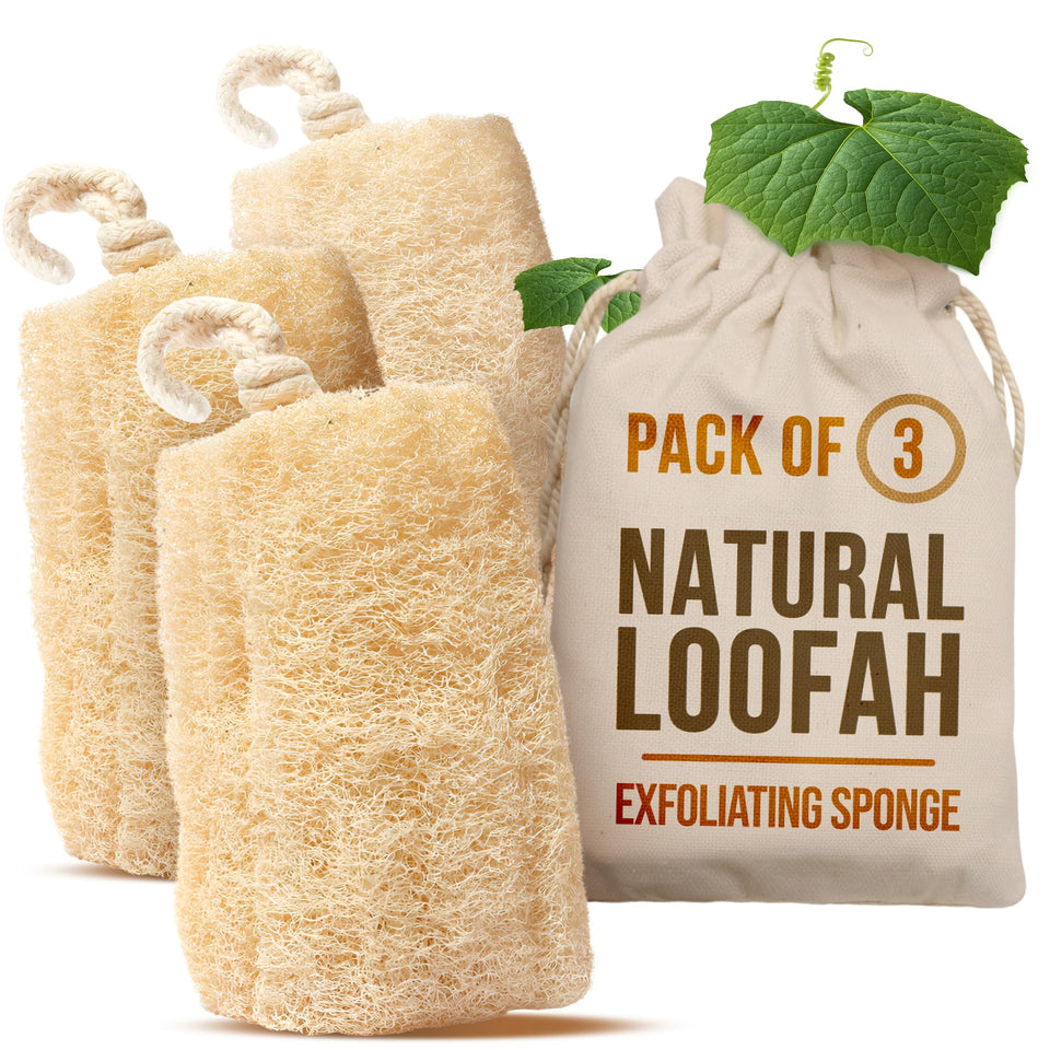 SERRENTO front-packaging view showing three tan loofahs and sustainable benefit