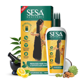 sesa front packaging showing 100 ml bottle and Ayurvedic branding for quick identification