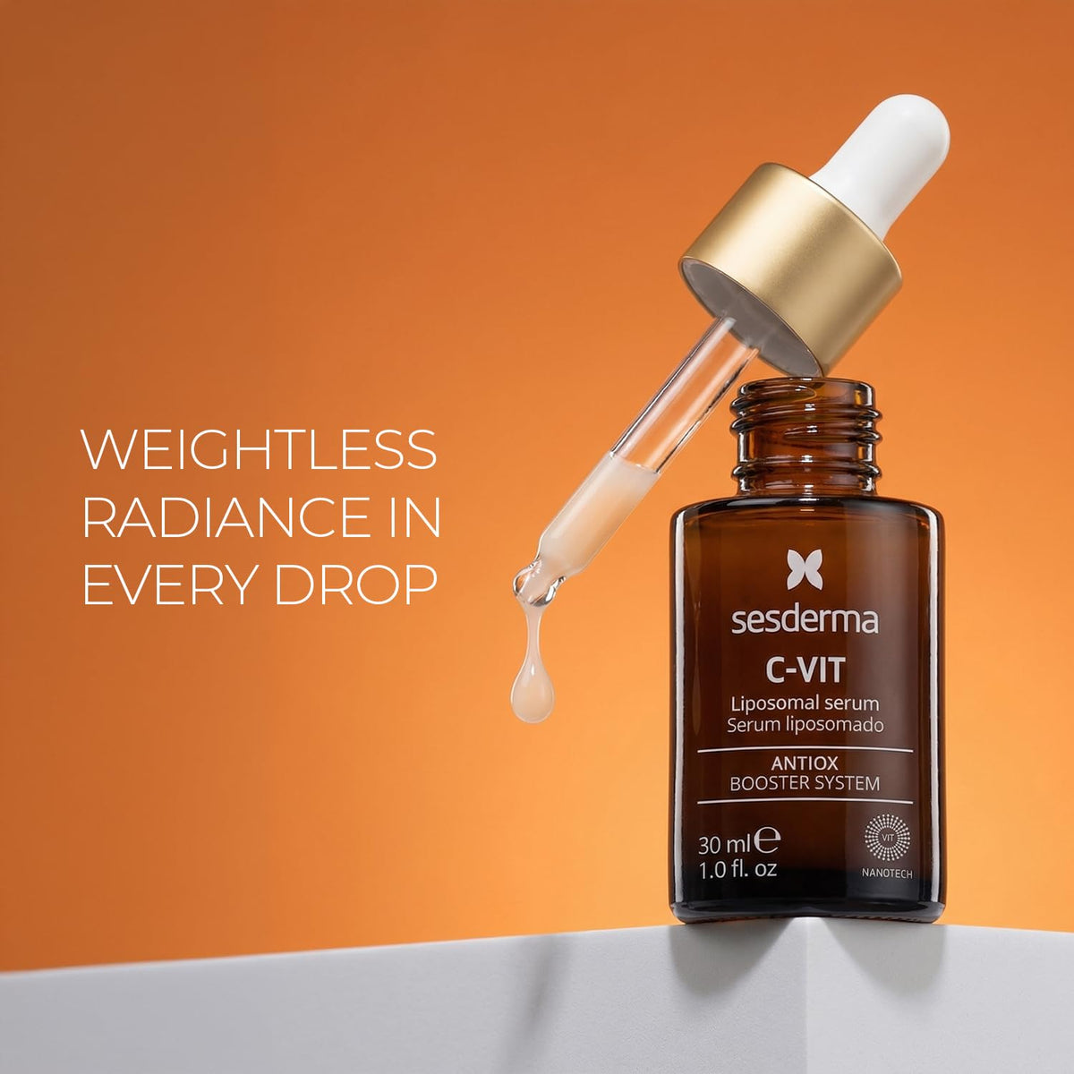 Sesderma C-VIT bottle next to measuring tools showing 1.0 fl oz scale
