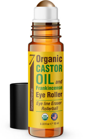 Seven Minerals eye roller front packaging showing compact bottle and cap benefit: travel-ready