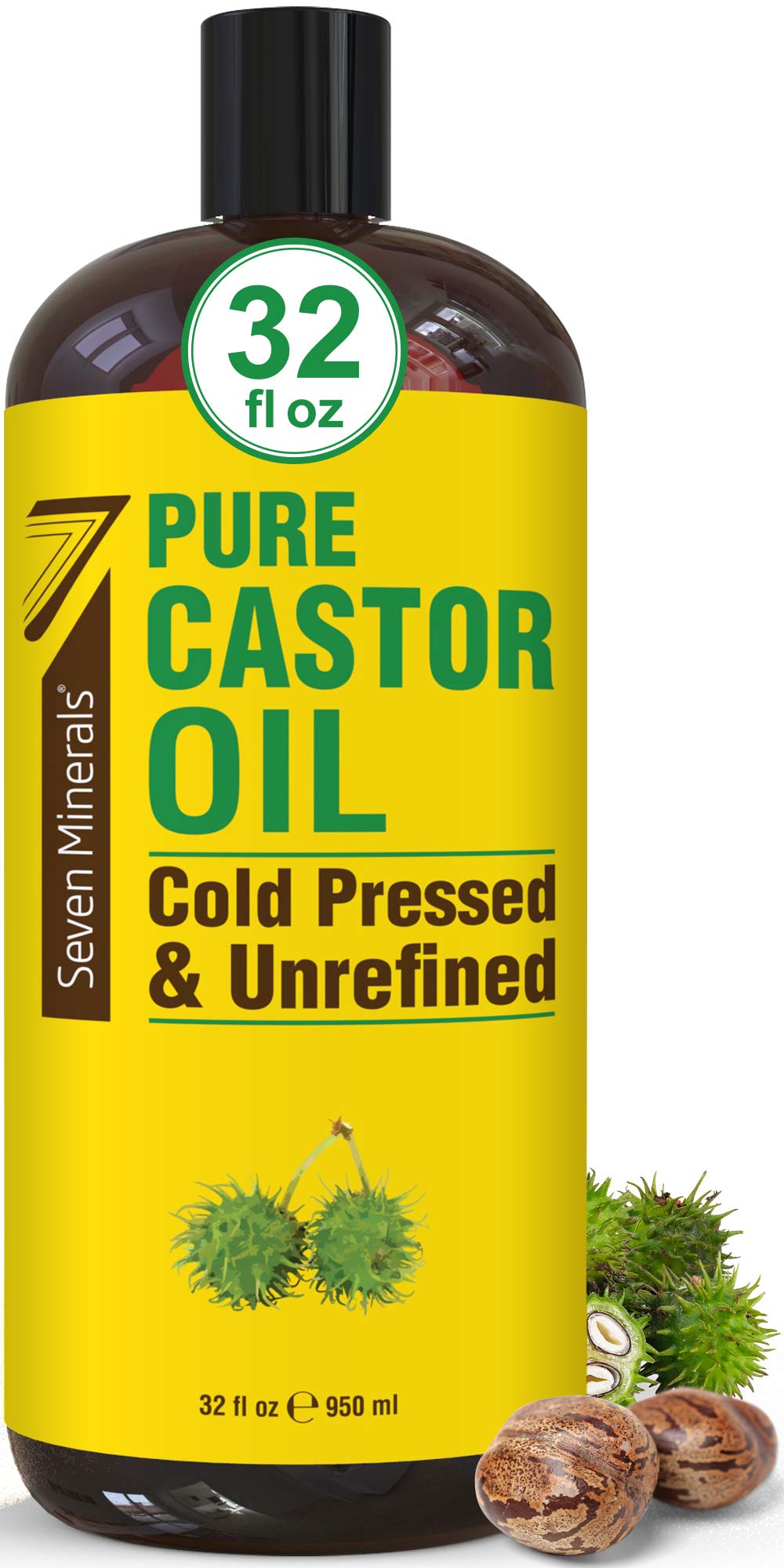 Seven Minerals bottle front view showing the 32oz castor oil and eco-sized savings