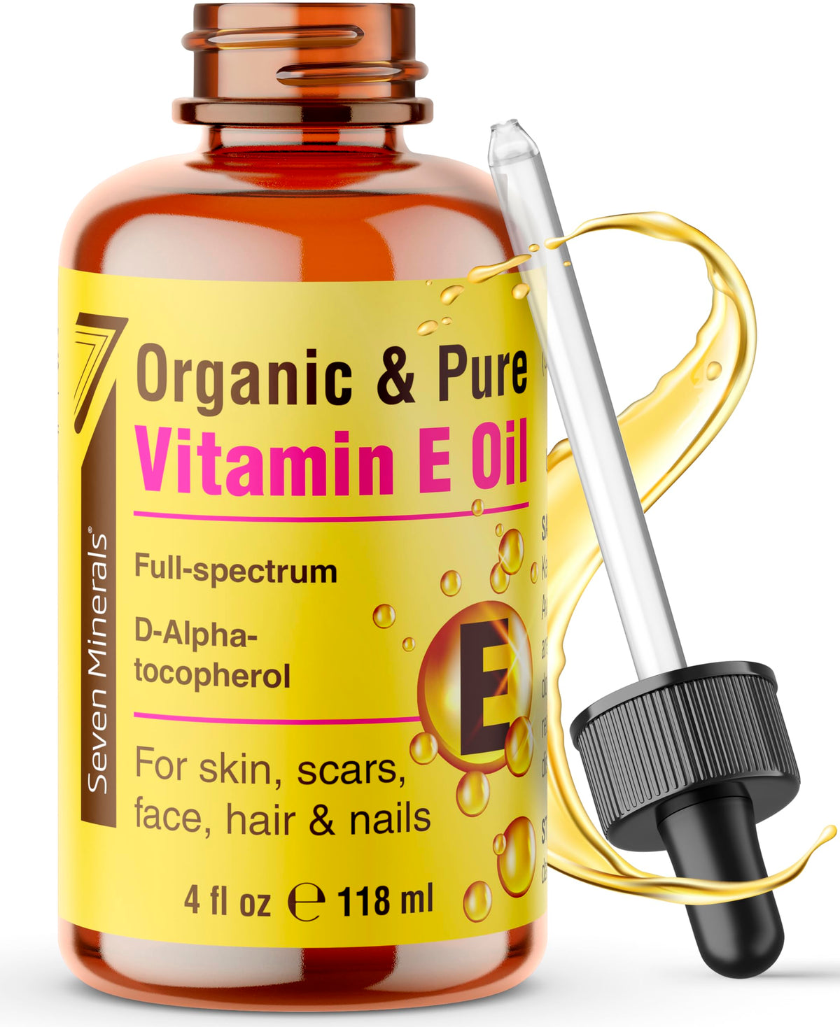 Seven Minerals front bottle view showing clean organic vitamin E packaging and purity benefit