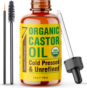 Seven Minerals glass bottle showing clear organic castor oil and label benefit