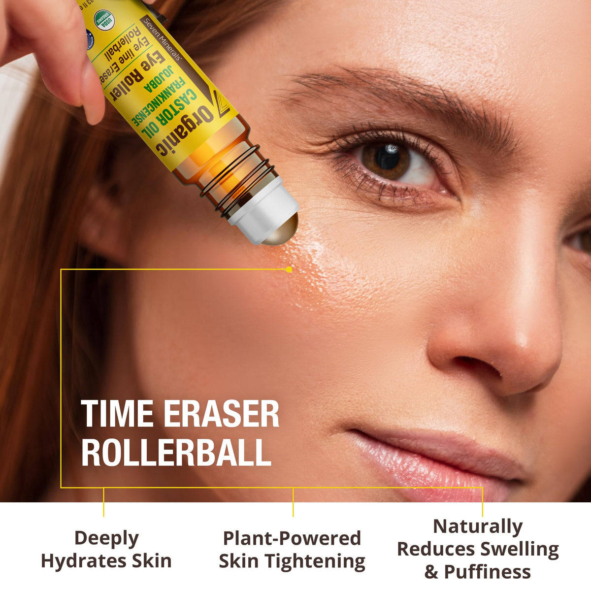 Organic frankincense, jojoba seeds and castor beans staged with Seven Minerals bottle highlighting clean botanicals