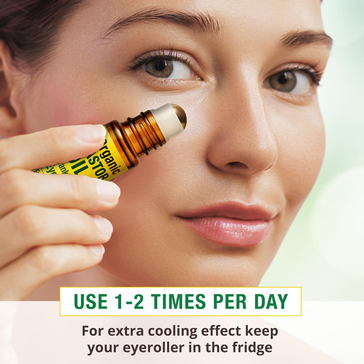 Seven Minerals eye roller placed by sink in bathroom routine setting benefit: easy daily use