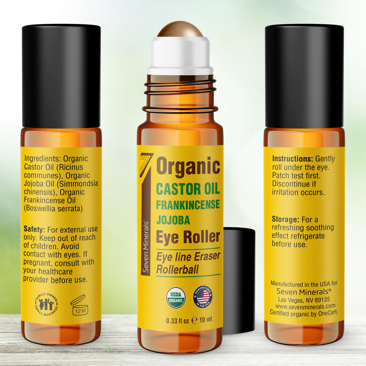 Seven Minerals eye roller on a bathroom vanity with towel and plant suggesting a calming skincare ritual