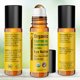 Seven Minerals eye roller on a bathroom vanity with towel and plant suggesting a calming skincare ritual