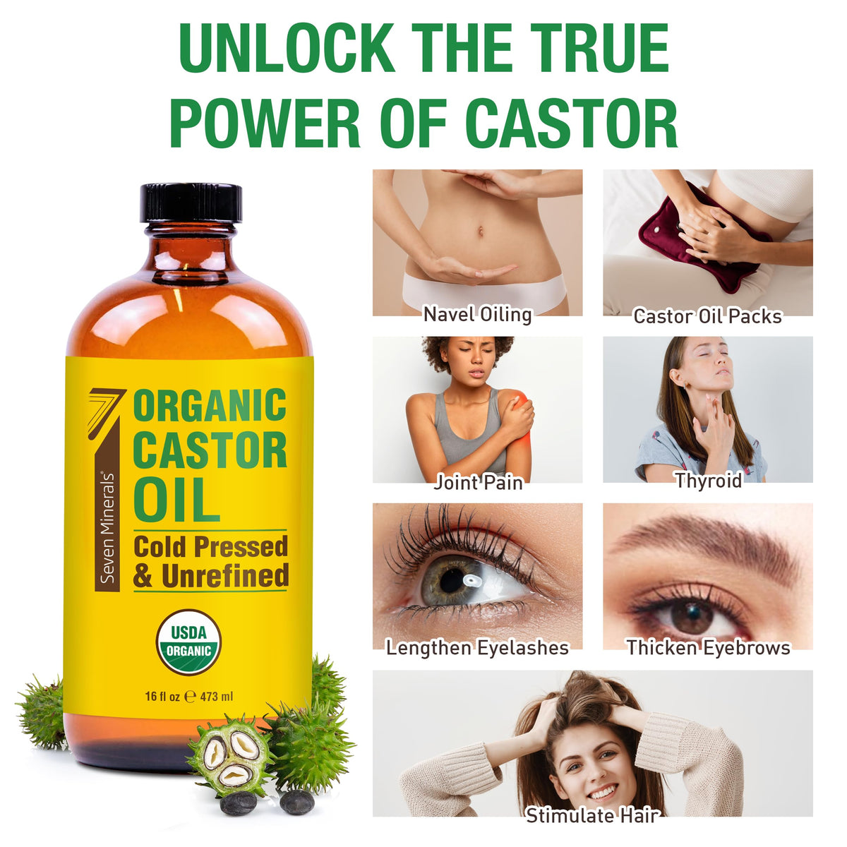 Seven Minerals pouring oil onto hands demonstrating easy application benefit
