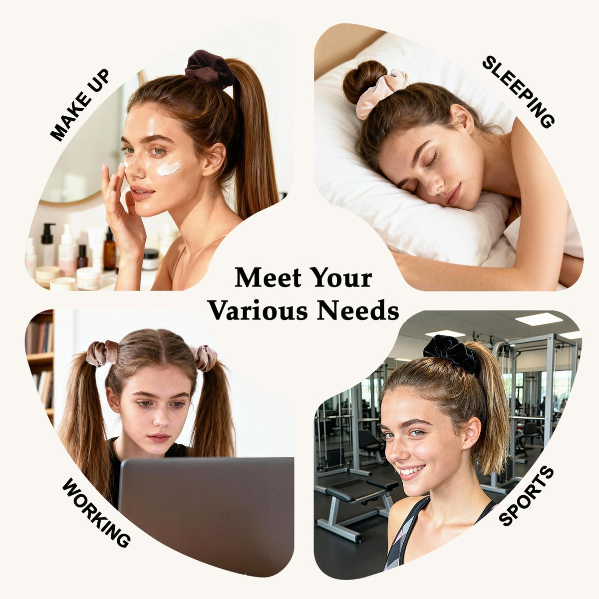 SEVEN STYLE blonde scrunchie detail showing plush velvet and frizz-control benefit