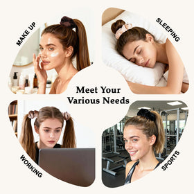 SEVEN STYLE blonde scrunchie detail showing plush velvet and frizz-control benefit