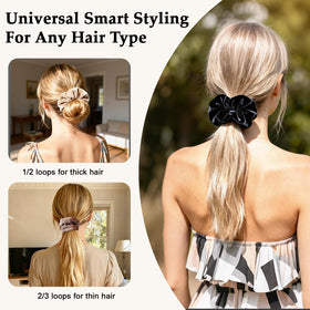 SEVEN STYLE dark brown scrunchie detail demonstrating smooth finish and no-crease benefit