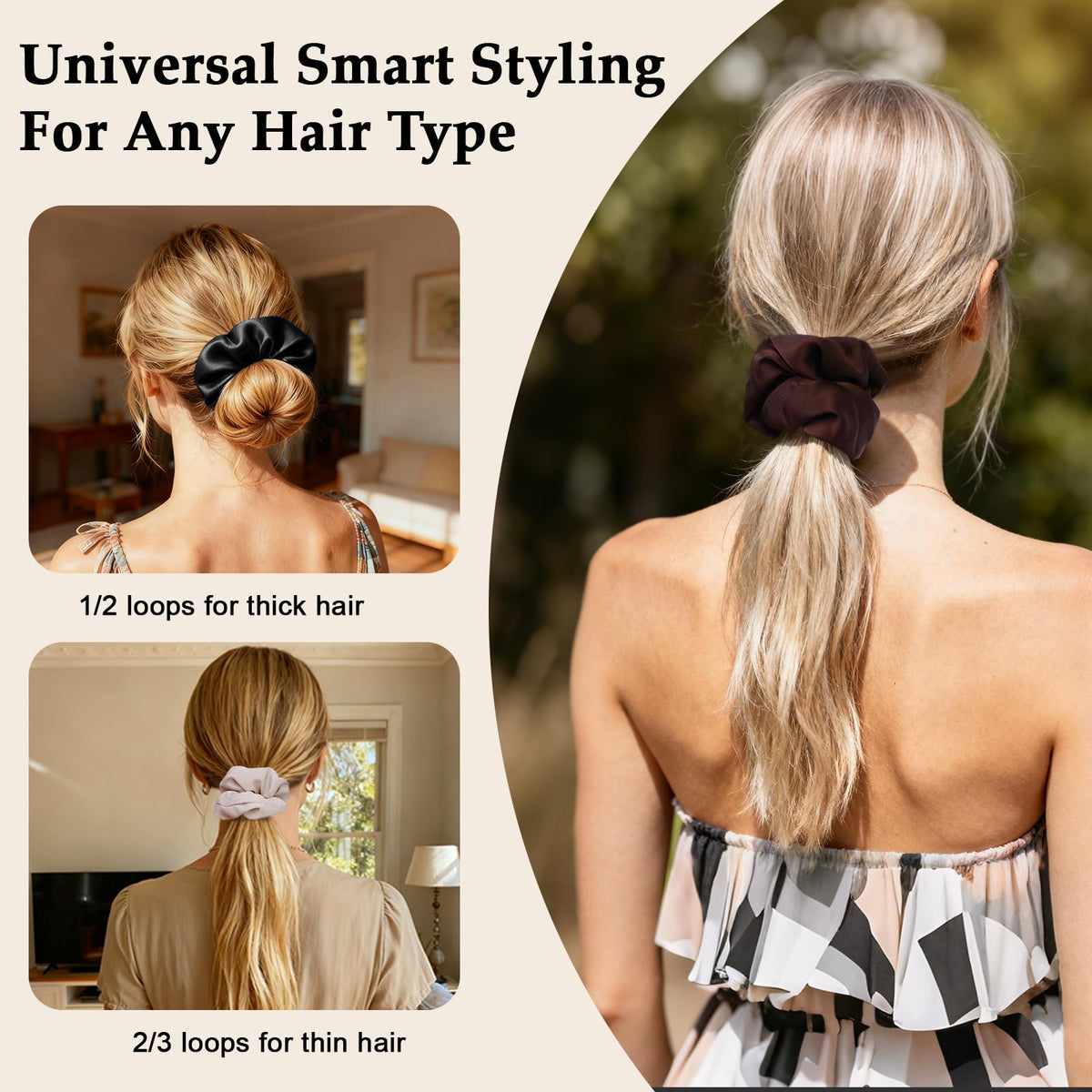 SEVEN STYLE scrunchie holding a dark ponytail, secure hold without creases benefits polished look