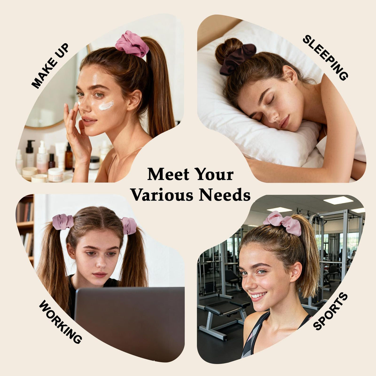 SEVEN STYLE scrunchie styled in a messy bun on model, adds polished everyday look