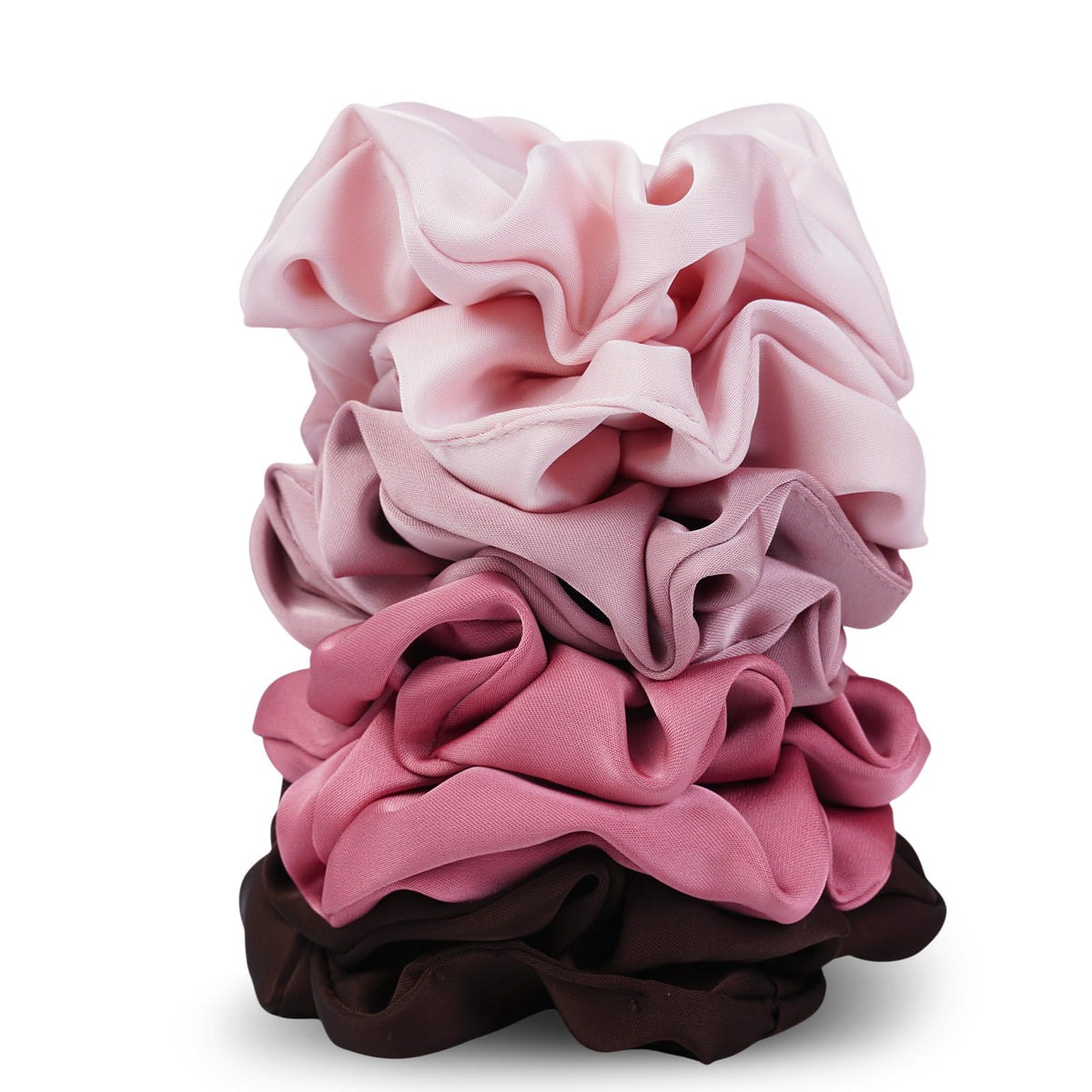 SEVEN STYLE scrunchies front packaging showing 8-piece blush and brown set, elegant gift appeal