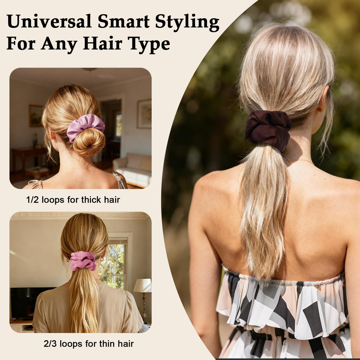 SEVEN STYLE scrunchies worn in a ponytail, demonstrating secure hold without creases