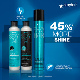 SexyHair before and after hair comparison showing reduced frizz and increased shine benefit