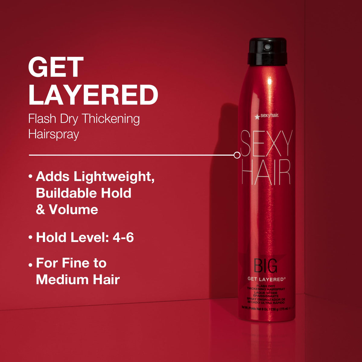 SexyHair mist spraying from can illustrating fast-dry application benefit