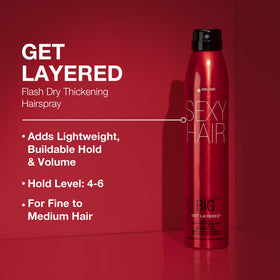 SexyHair mist spraying from can illustrating fast-dry application benefit