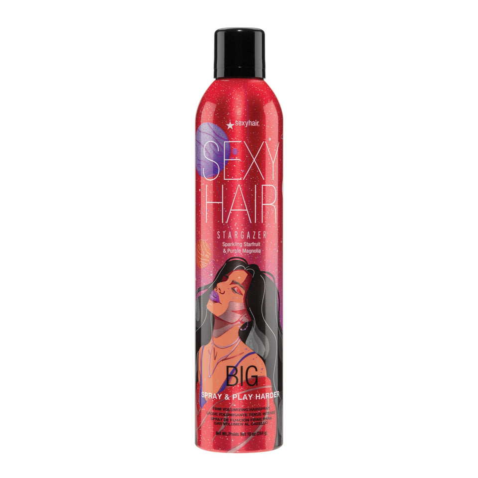 SexyHair Big Spray & Play Harder front packaging showing product and benefit of long lasting hold