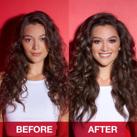 Stylist using SexyHair spray to set voluminous hair showing workable hold and shine