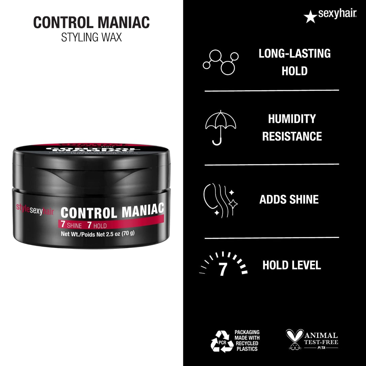 SexyHair Control Maniac size shown in hand illustrating travel-friendly convenience