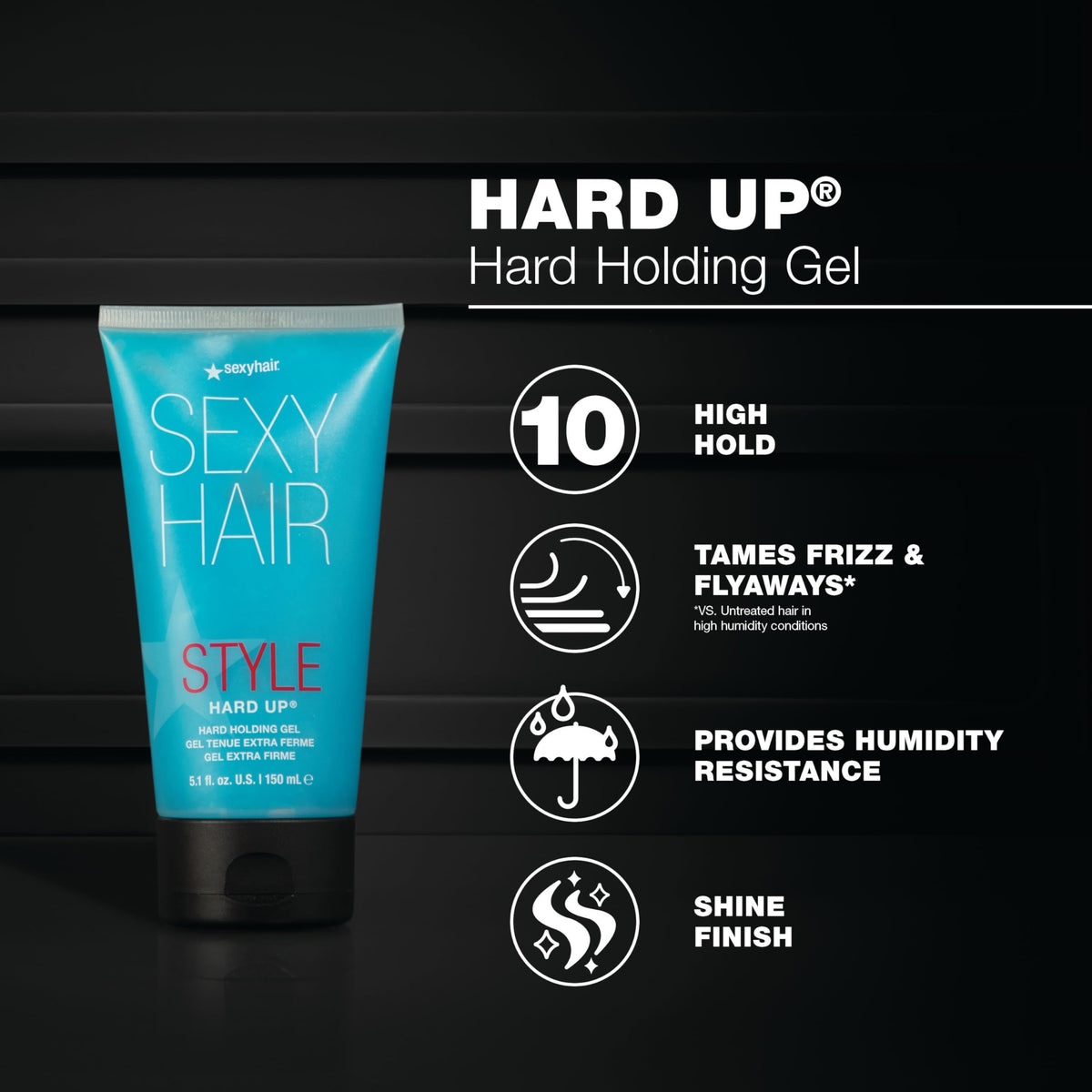 Model wearing SexyHair gel in a sleek updo illustrating long-lasting hold