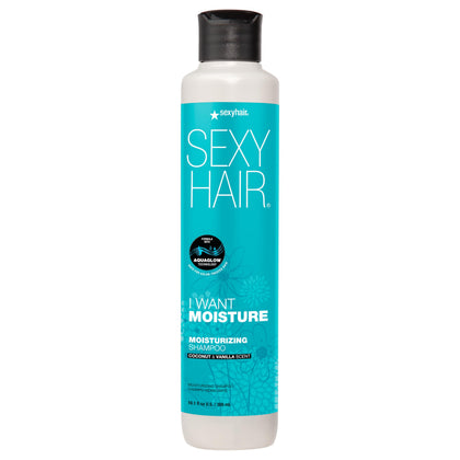 SexyHair I WANT MOISTURE shampoo front packaging showing bottle and label benefit