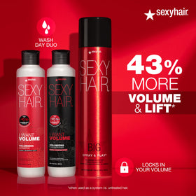 SexyHair on bathroom shelf with styled hair to show natural fullness benefit