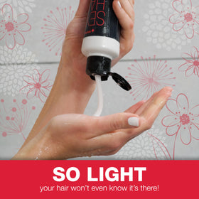 SexyHair bottle beside hand to show 10.1oz size and easy shower storage