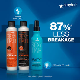 SexyHair bottle held beside hand to show 8.5 oz scale and portability