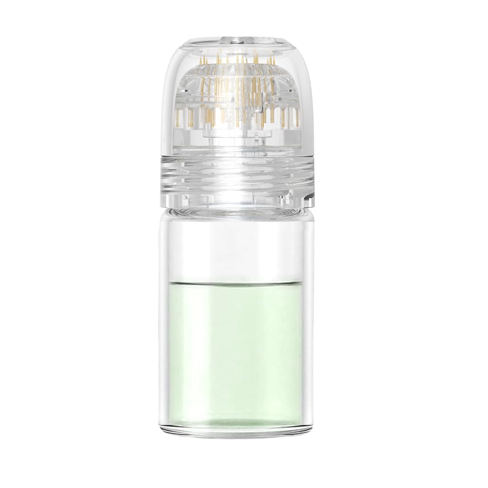 shake beauty front view of derma stamp and 5ml bottle showing compact design and portability