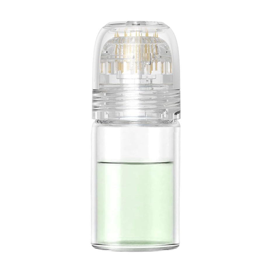 shake beauty front view of derma stamp and 5ml bottle showing compact design and portability