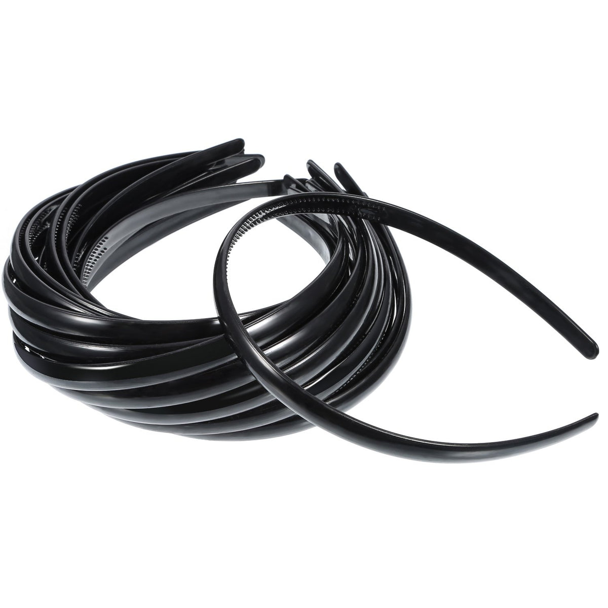 Shappy front view of a bundle of black headbands showing quantity and shape, reliable hold