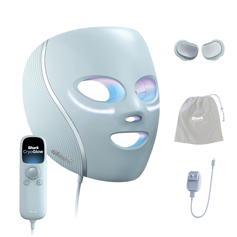 Shark CryoGlow front view Blue Frost showing sleek mask and fit benefits