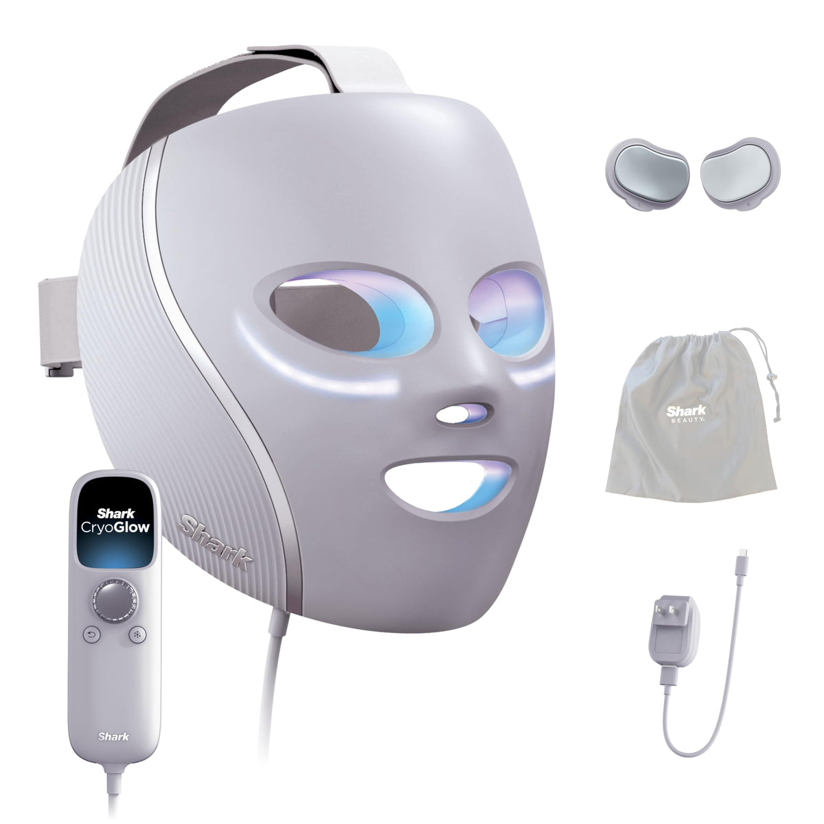 Shark CryoGlow front view showing full mask and strap for easy home treatments
