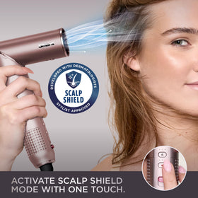 Shark finished blowout on dry hair showing shine, volume and reduced frizz