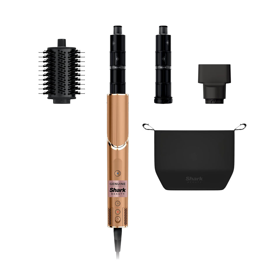 Shark FlexStyle front view in copper showing compact dryer and wand benefit fast styling