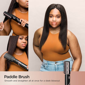Shark FlexStyle paddle brush held in hand for detangling and straightening